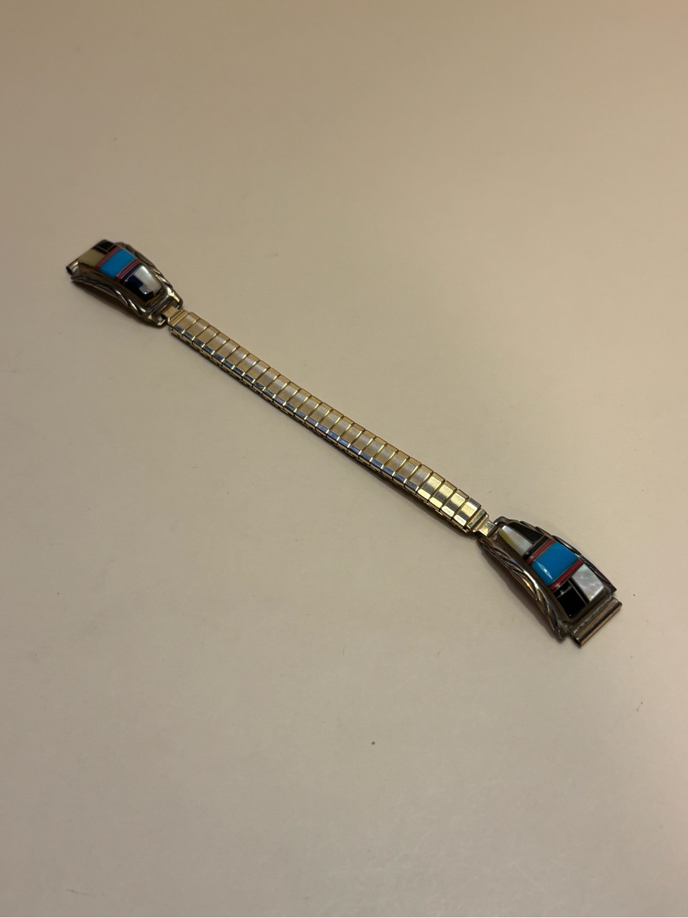 Vintage Navajo Inlaid Stretch Bracelet Watch Tips 6”